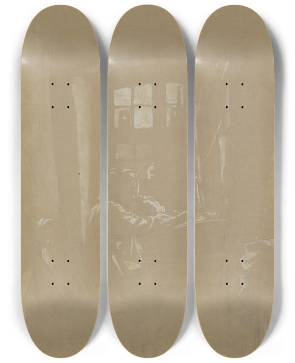 Triptych art skateboard deck of Angilbert Gbel Der Kupferstecher Eissenhardt In Seinem Atelier by Angilbert Gobel (1821-1882)