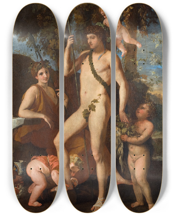 Triptych art skateboard deck of Nicolas Poussin Bacchusapollo_1 by Nicolas Poussin (1594-1665)