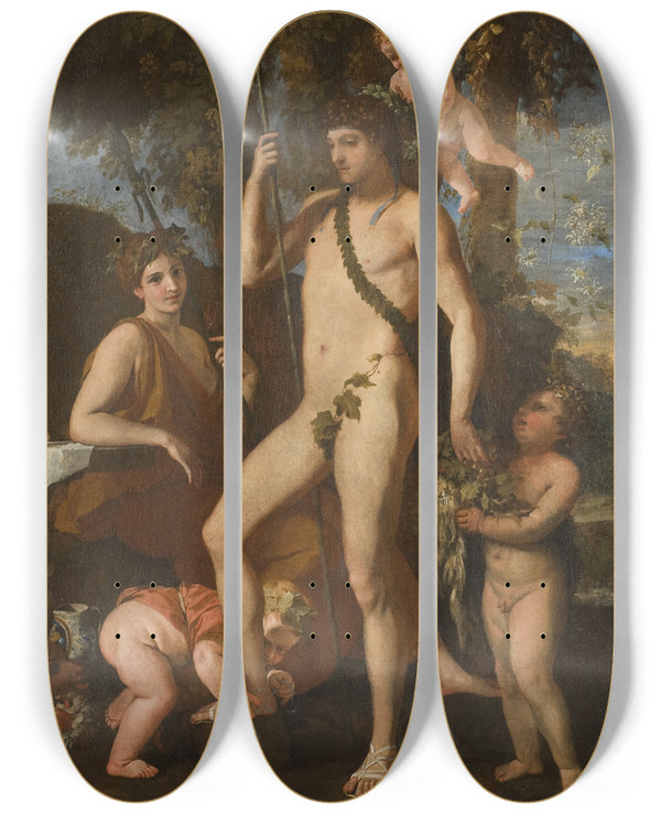 Triptych art skateboard deck of Nicolas Poussin Bacchusapollo_2 by Nicolas Poussin (1594-1665)