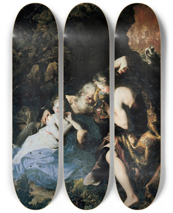 Triptych art skateboard deck of Bartolomeo Guidobono Lot Inebriated By His Daughters by Bartolomeo Guidobono (1654-1709)