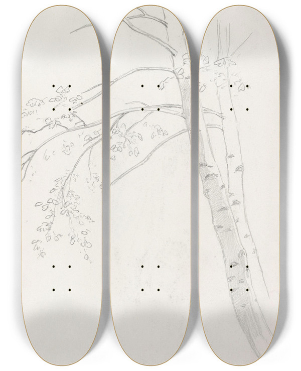 Triptych art skateboard deck of Hans Gude Trestudie Bad Sachsa by Hans Gude (1825-1903)