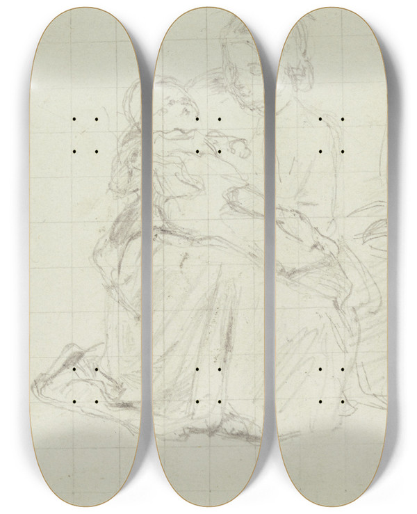 Triptych art skateboard deck of Philipp Rumpf Mdchen Ein Kind Im Einschlag Auf Dem Schoe Haltend by Philipp Rumpf (1821-1896)