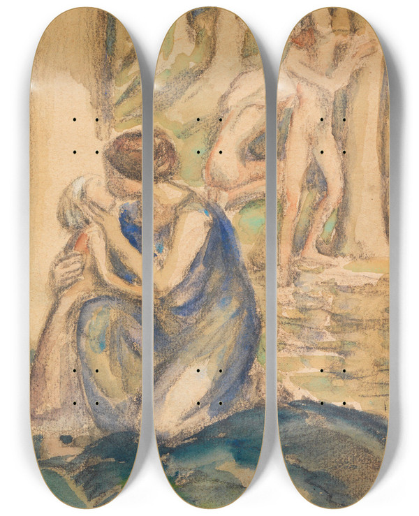 Triptych art skateboard deck of Ludwig Von Hofmann Badende Figuren Am Waldsee by Ludwig Von Hofmann (1861-1945)