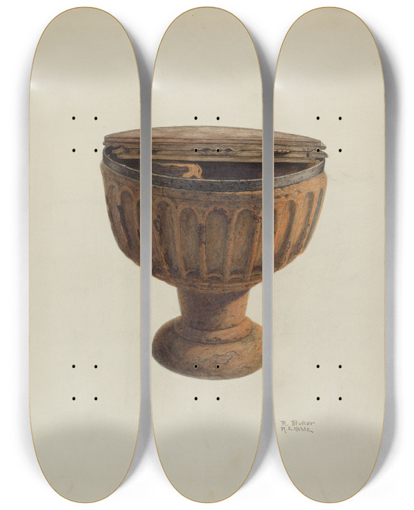 Triptych art skateboard deck of Ruth Buker Baptismal Font by Ruth Buker