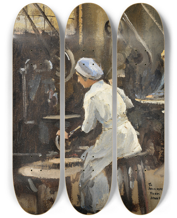 Triptych art skateboard deck of Sir John Lavery The Disc Maker by Sir John Lavery (1856-1941)