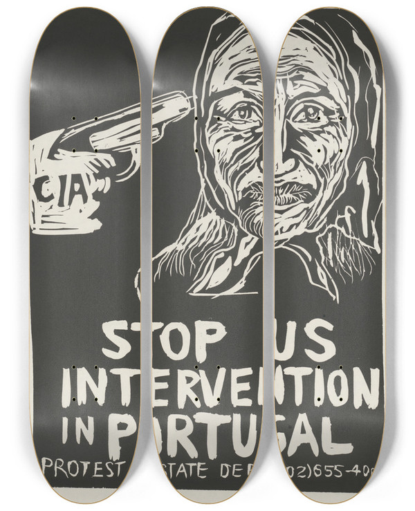 Triptych art skateboard deck of Rachael Romero Stop Us Intervention In Portugal by Rachael Romero (1953)
