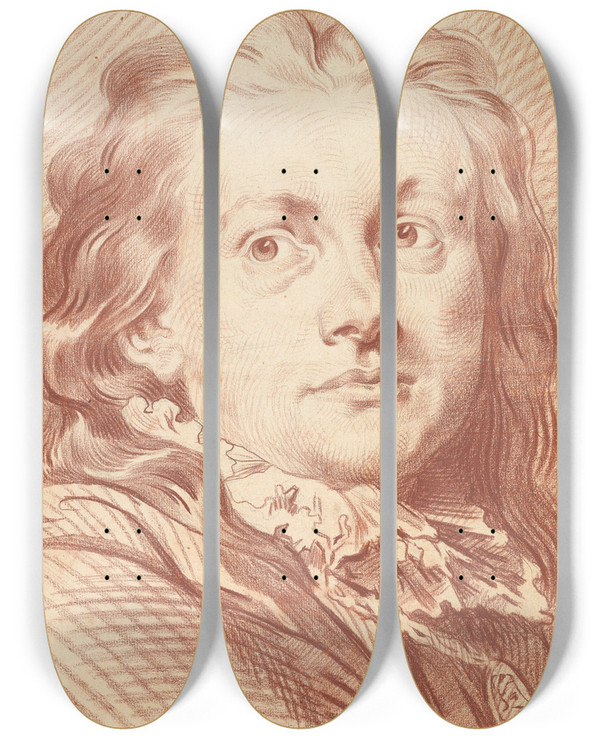 Triptych art skateboard deck of Jakob Matthias Schmutzer Head Of A Man by Jakob Matthias Schmutzer (1733-1811)