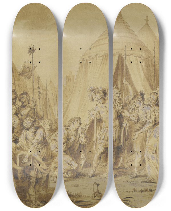 Triptych art skateboard deck of Januarius Zick Die Enthaltsamkeit Der Scipio by Januarius Zick (1730-1797)