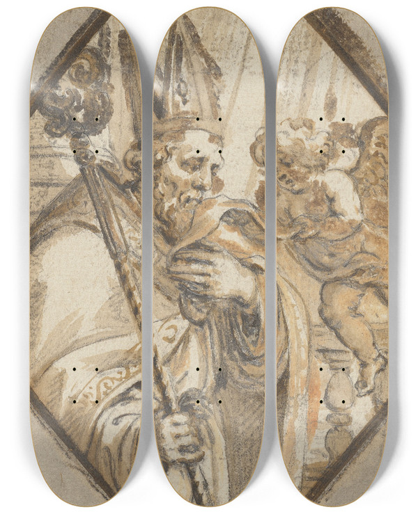 Triptych art skateboard deck of Abraham Van Diepenbeeck Ein Engel Bringt Einem Bischof Die Windeln Christi by Abraham Van Diepenbeeck (1596-1675)