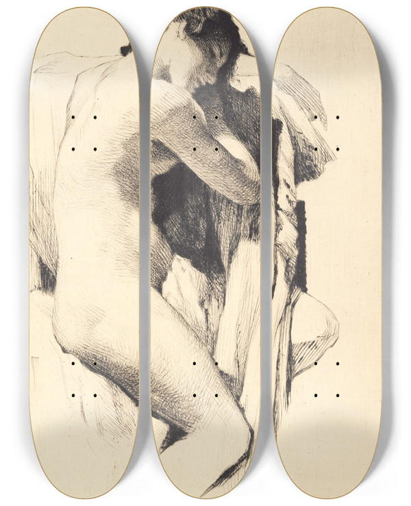 Triptych art skateboard deck of Frans Schwartz Siddende Ung Ngen Kvinde Med Hovedet Hvilende Over Den Ene Arm by Frans Schwartz (1850-1917)
