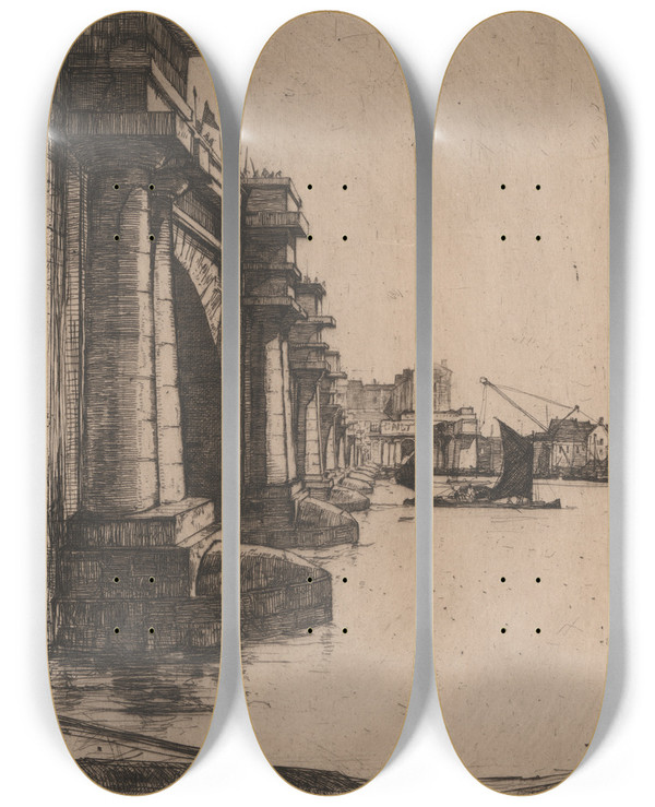 Triptych art skateboard deck of David Young Cameron Waterloo Bridge No 2 by David Young Cameron (1865-1945)