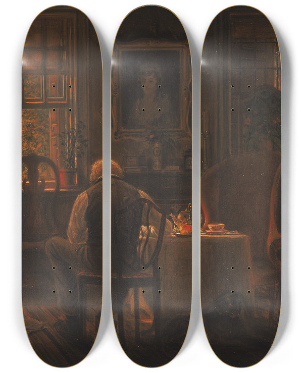 Triptych art skateboard deck of Edward Lamson Henry The Widower by Edward Lamson Henry (1841-1919)