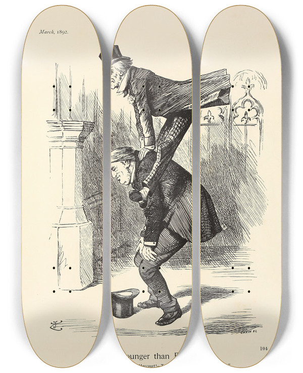 Triptych art skateboard deck of Sir John Tenniel Younger Than Ever by Sir John Tenniel (1820-1914)