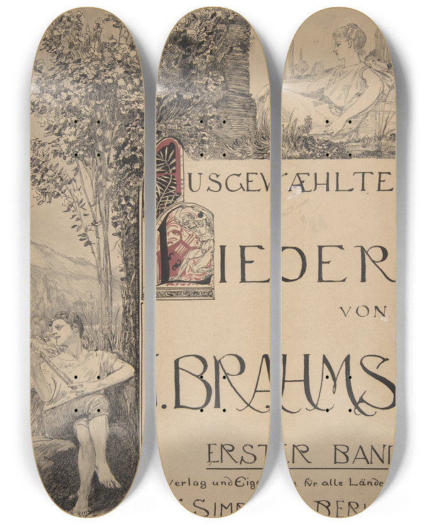 Triptych art skateboard deck of Max Klinger Design For A Title Page For Sheet Music by Max Klinger (1857-1920)