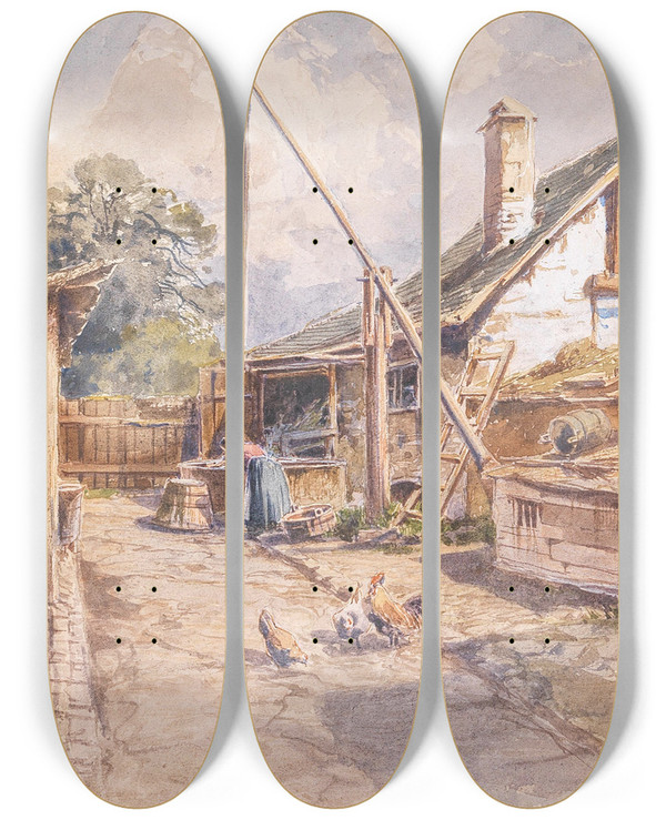 Triptych art skateboard deck of Fritz Lach Hof In Wien Erdberg by Fritz Lach (1868-1933)