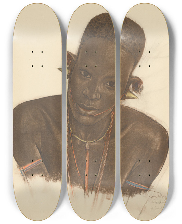 Triptych art skateboard deck of Alexandre Jacovleff Dessins Et Peintures Dafrique Pl 43 by Alexandre Jacovleff (1887-1938)