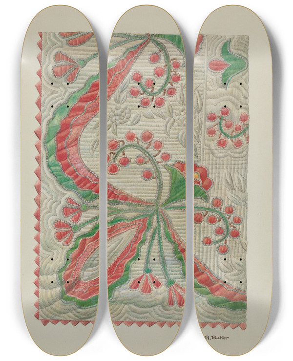 Triptych art skateboard deck of Ruth Buker Applique Quilt_2 by Ruth Buker