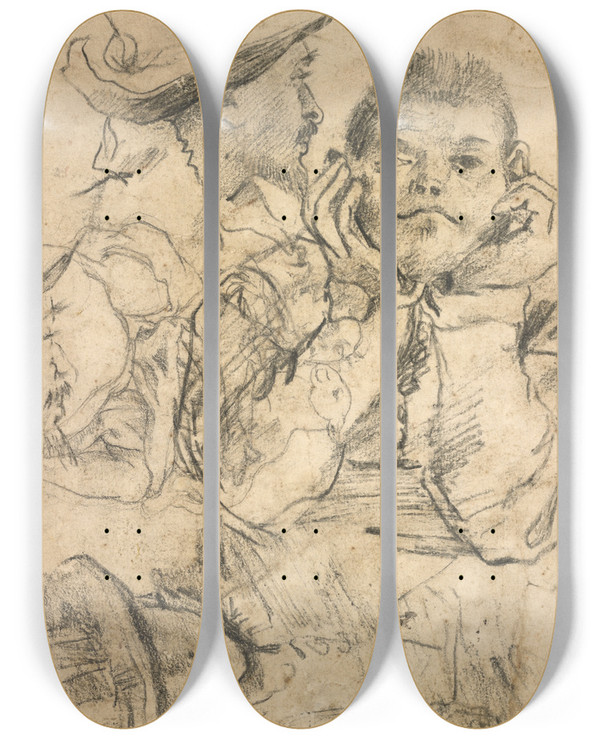 Triptych art skateboard deck of Annibale Carracci Three Studies Of Men by Annibale Carracci (1560-1609)