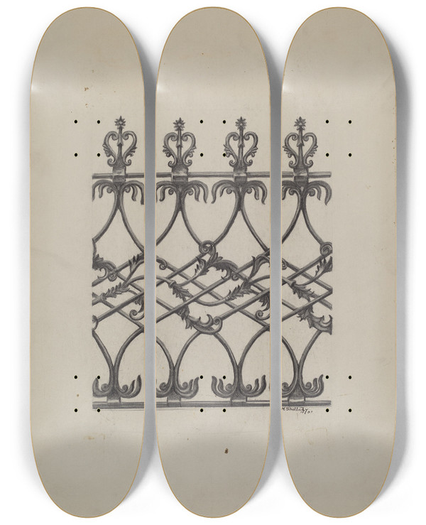 Triptych art skateboard deck of Eugene Shellady Cast Iron Fence by Eugene Shellady