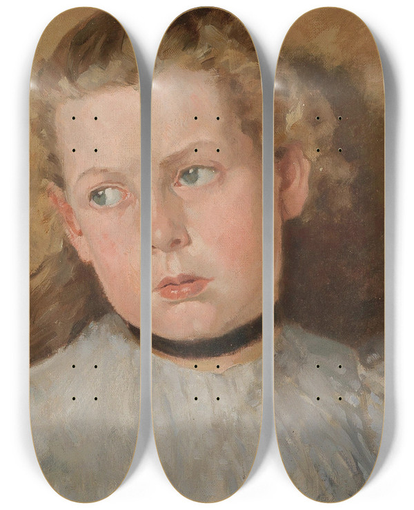 Triptych art skateboard deck of Fritz Von Uhde Bildnis Eines Mdchens Mit Schwarzem Halsband by Fritz Von Uhde (1848-1911)