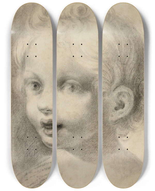 Triptych art skateboard deck of After Correggio Childs Head by After Correggio (1489-1534)
