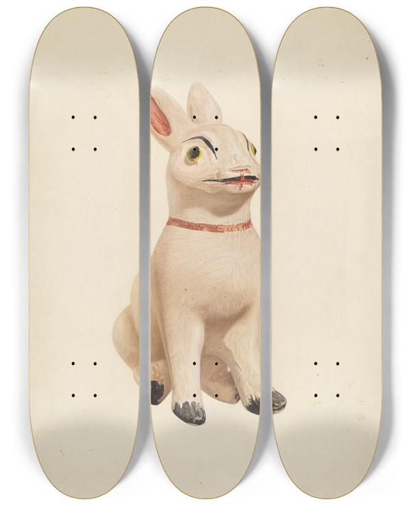 Triptych art skateboard deck of Betty Fuerst Chalkware Rabbit by Betty Fuerst