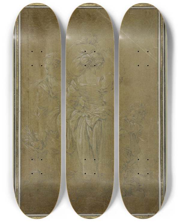 Triptych art skateboard deck of Franois Boucher Zwei Buerinnen Mit Zwei Knaben by Francois Boucher (1703-1770)
