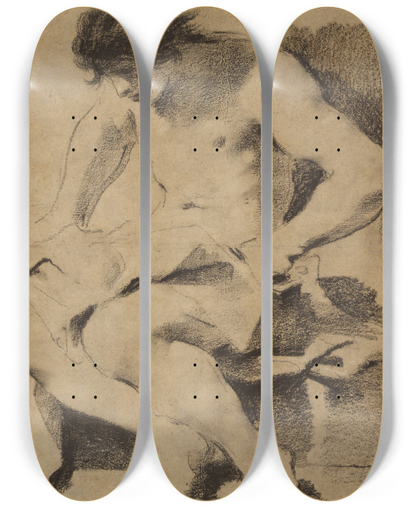 Triptych art skateboard deck of Guercino Study Of A Seated Young Man by Guercino (1591-1666)