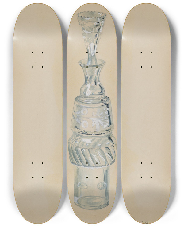 Triptych art skateboard deck of Ralph Atkinson Caster Bottle by Ralph Atkinson (20-)