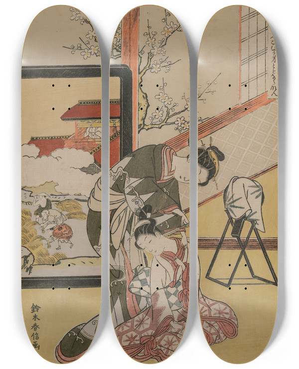 Triptych art skateboard deck of Suzuki Harunobu Benevolence Courtesan Shaving The Neck Of Her Servant From A Series Of Five Confucian Virtues by Suzuki Harunobu (1724-1770)