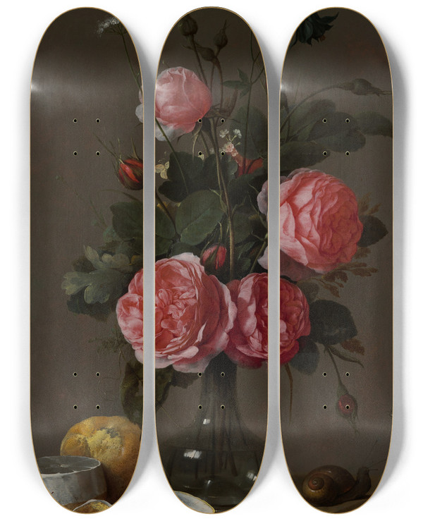 Triptych art skateboard deck of Cornelis De Heem Floral Still Life by Cornelis de Heem (1631-1695)