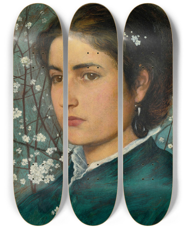 Triptych art skateboard deck of Edward Robert Hughes A Young Beauty by Edward Robert Hughes (1851-1914)