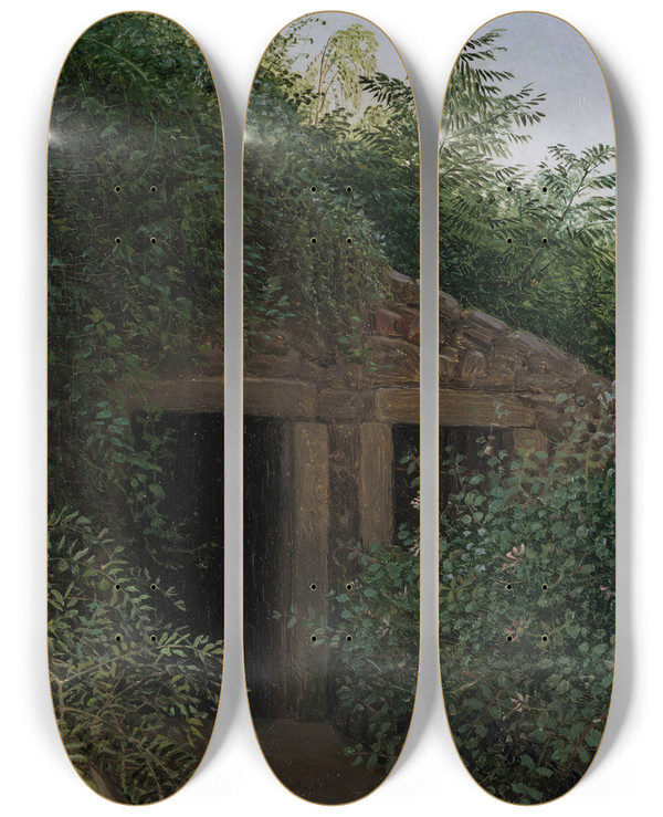 Triptych art skateboard deck of Carl Gustav Carus An Overgrown Mineshaft by Carl Gustav Carus (1789-1869)