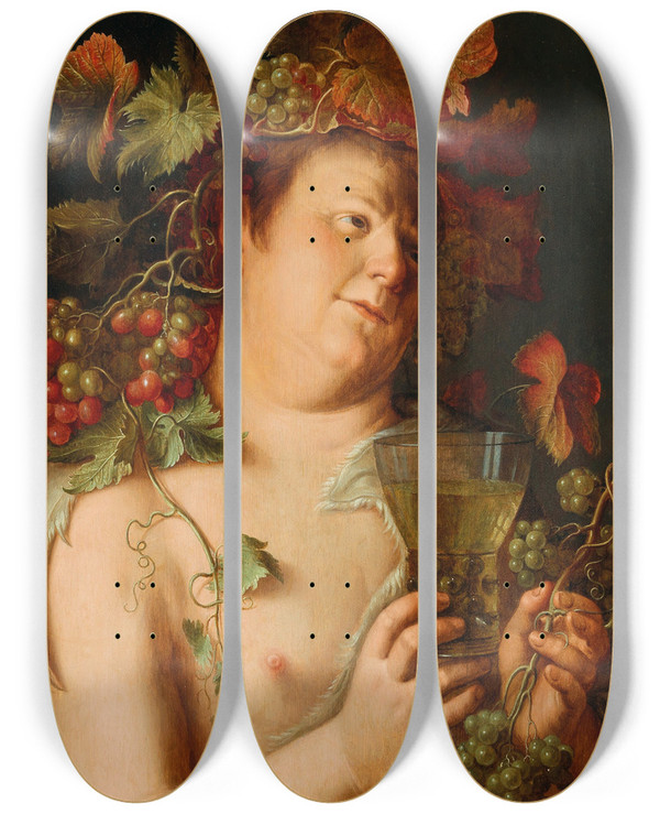 Triptych art skateboard deck of Joachim Wtewael Bacchus by Joachim Wtewael (1566-1638)