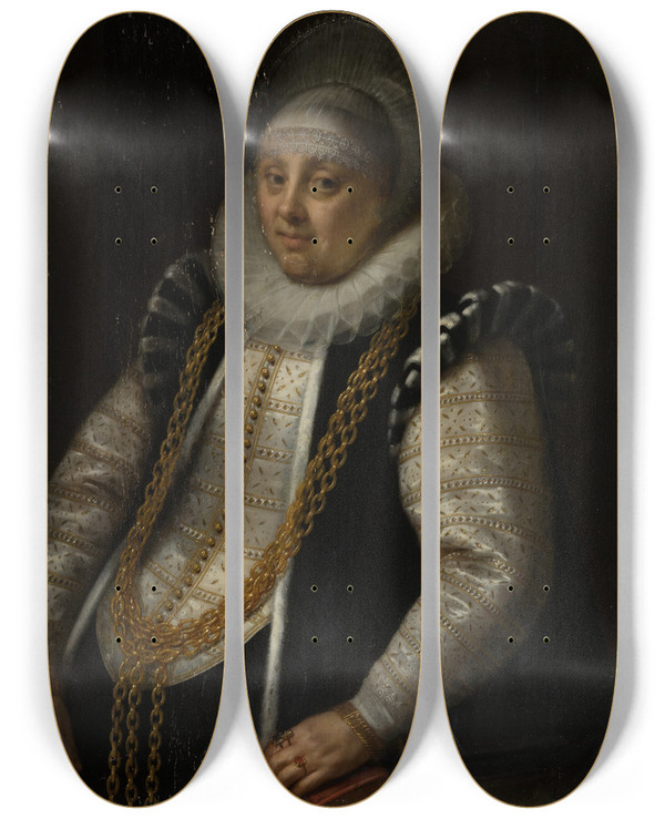 Triptych art skateboard deck of Gortzius Geldorp Portrait Of A Woman by Gortzius Geldorp (1553-1618)