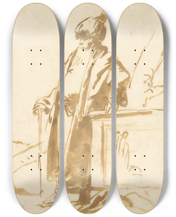 Triptych art skateboard deck of Giovanni Domenico Tiepolo An Old Man In Oriental Dress Standing By A Pagan Altar by Giovanni Domenico Tiepolo (1727-1804)