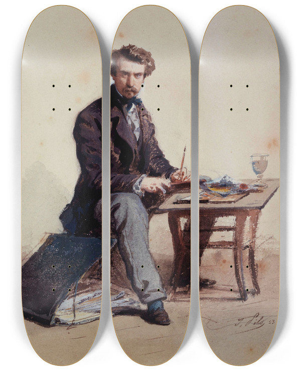 Triptych art skateboard deck of Isidore Pils Portrait De Lartiste by Isidore Pils (1815-1875)