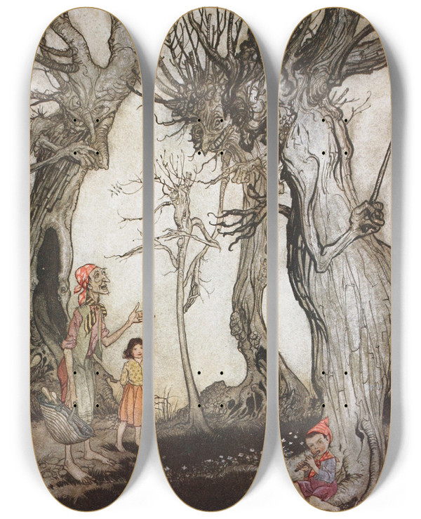 Triptych art skateboard deck of Arthur Rackham The Trees And The Axe by Arthur Rackham (1867-1939)