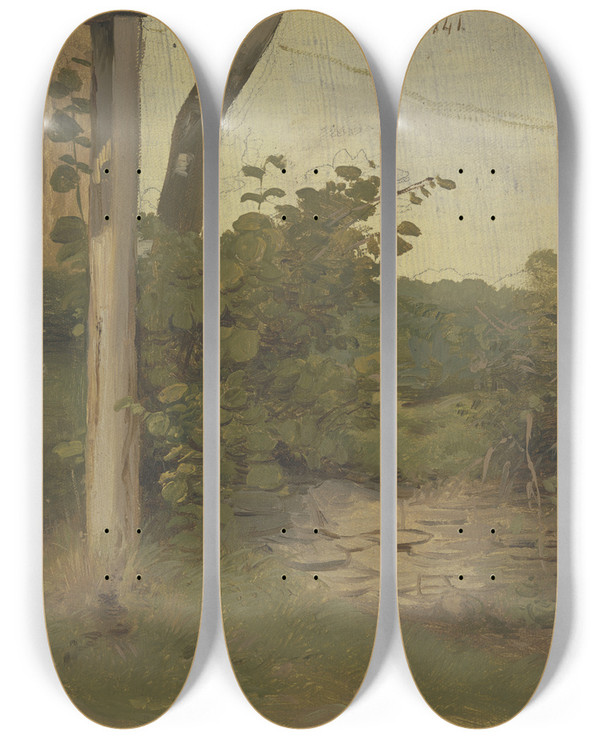 Triptych art skateboard deck of Jakob Becker Meadow With Small Wall by Jakob Becker (1810-1872)
