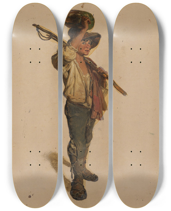 Triptych art skateboard deck of Johann Baptist Kirner Italienischer Hirtenjunge Einen Krbis Auf Dem Kopf Haltend by Johann Baptist Kirner (1806-1866)