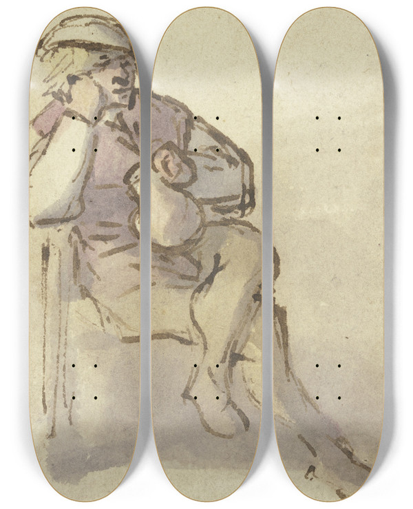 Triptych art skateboard deck of Adriaen Van Ostade Sitzender Bauer Schrg Nach Rechts Mit Krug In Der Rechten Hand by Adriaen Van Ostade (1610-1684)
