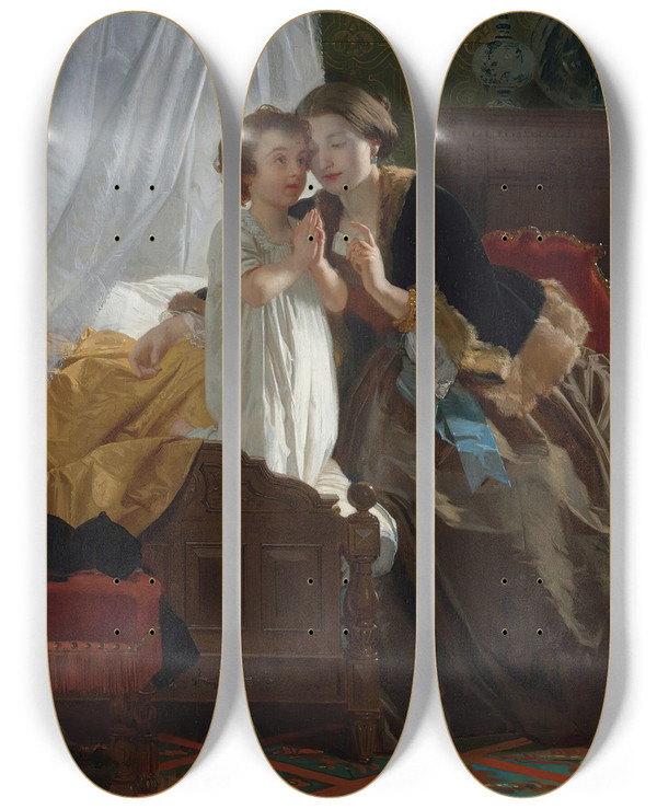 Triptych art skateboard deck of Eugneernest Hillemacher Bedtime Prayer by Eugne-Ernest Hillemacher (1818-1887)