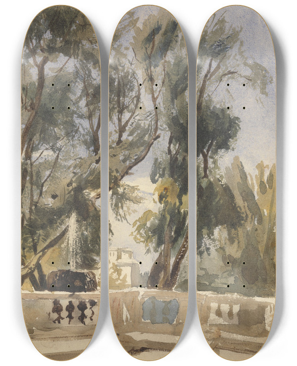 Triptych art skateboard deck of Alfred Elmore The Terrace by Alfred Elmore (1815-1881)