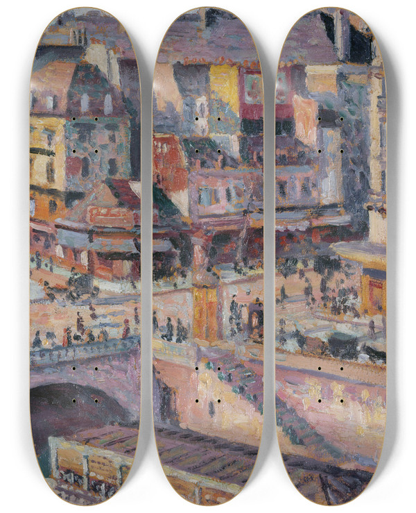 Triptych art skateboard deck of Maximilien Luce Le Pont Saintmichel Et Le Quai Des Orfvres by Maximilien Luce (1858-1941)
