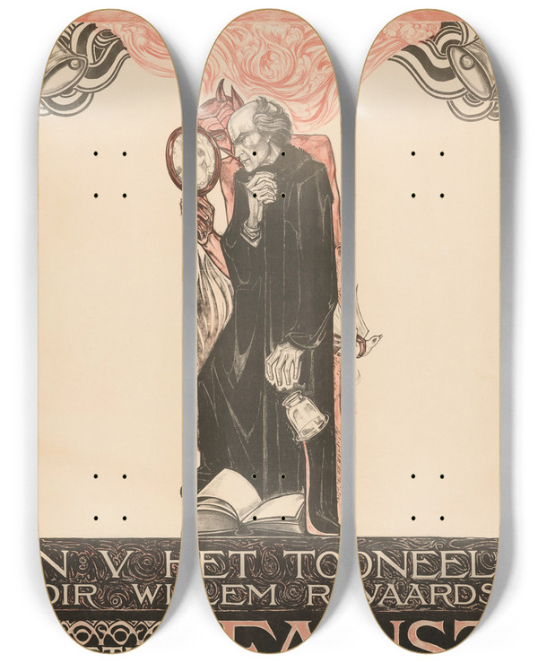 Triptych art skateboard deck of Richard Nicolas Roland Holst N V Het Tooneel Dir Willem Royaards Goethes Faust by Richard Nicolaus Roland Holst (1868-1938)