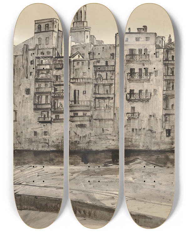 Triptych art skateboard deck of Hermann Lismann Girona Vom Fluss Aus Gesehen Im Hintergrund Der Turm Der Kathedrale by Hermann Lismann (1878-1943)