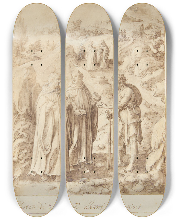 Triptych art skateboard deck of Jan Van Der Straet S Giovanni Alberti Fiorentinos Historie Helgenen Og Den Ledsagende Munk Giver En Tigger Deres Sidste Brd by Jan van der Straet (1523-1605)