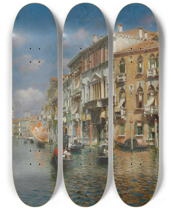 Triptych art skateboard deck of Rubens Santoro Gondolas On The Grand Canal Venice by Rubens Santoro (1859-1942)