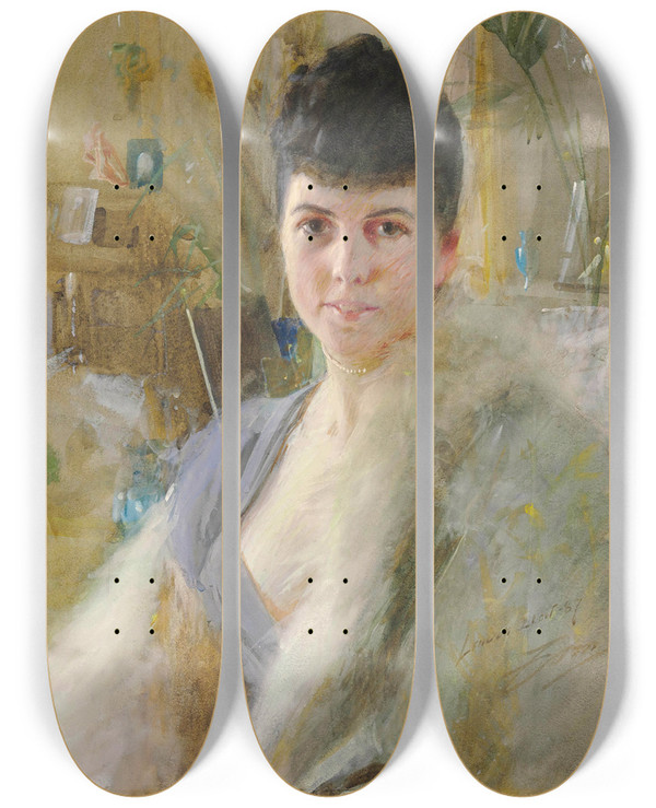 Triptych art skateboard deck of Anders Zorn Portrait Of A Lady In A Drawing Room by Anders Zorn (1860-1920)