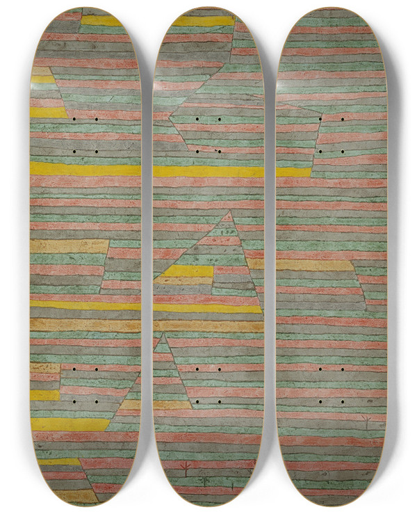 Triptych art skateboard deck of Paul Klee Monuments At G by Paul Klee (1879-1940)